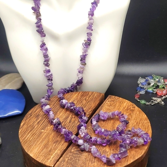 Genuine amythest long length precious stone necklace N3301 - Picture 1 of 3